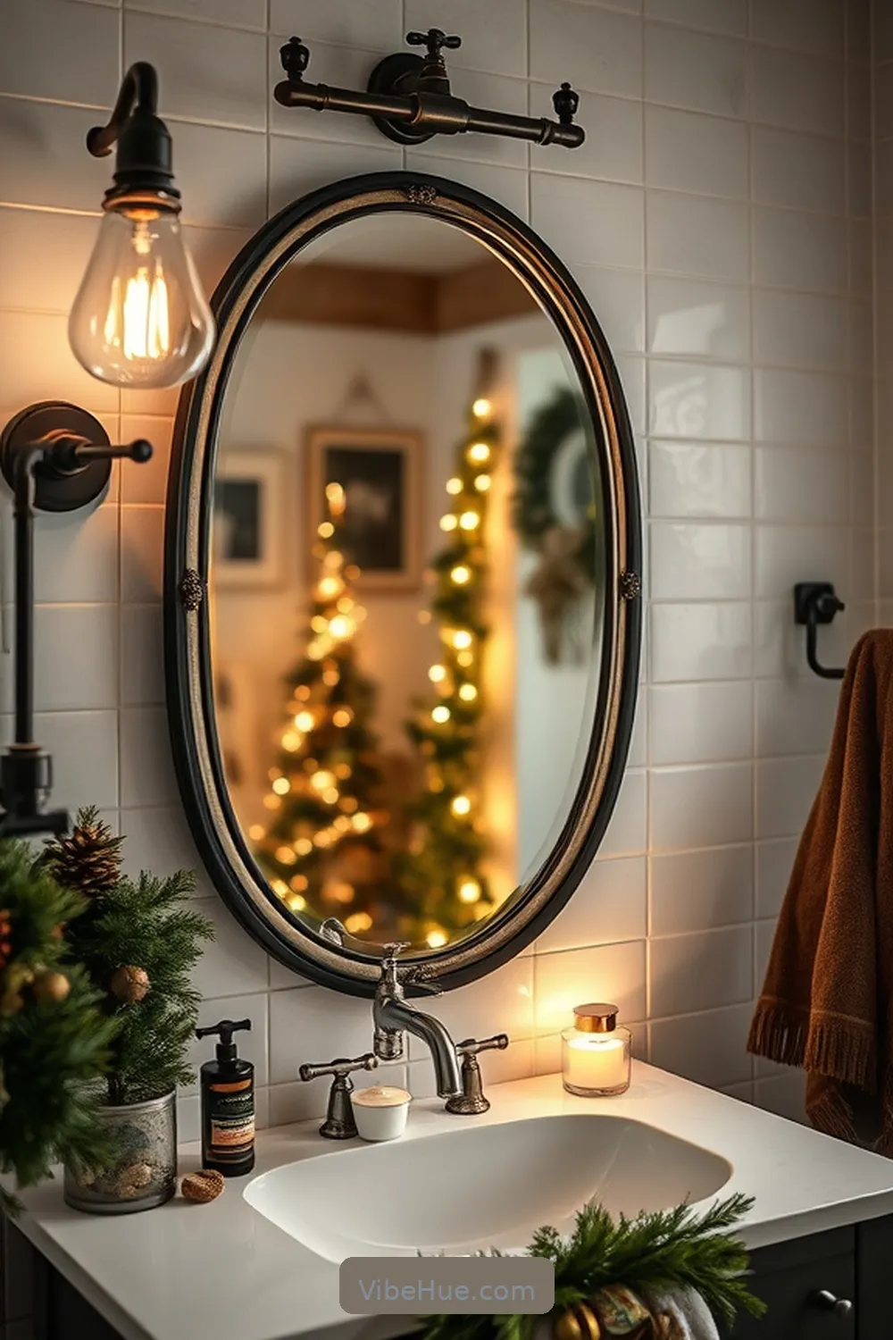 23 Industrial Style Touches for a Holiday Bathroom 7 Hang a Vintage Metal Mirror for 23 Industrial Style Touches for a Holiday Bathroom