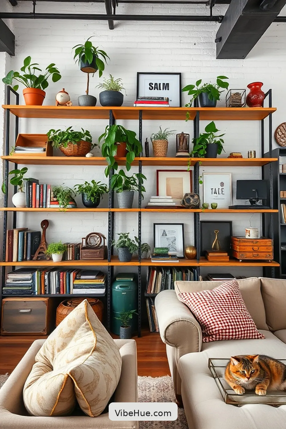 Utilize Open Shelving for 23 Key Elements for Year-Round Industrial Style Living Room