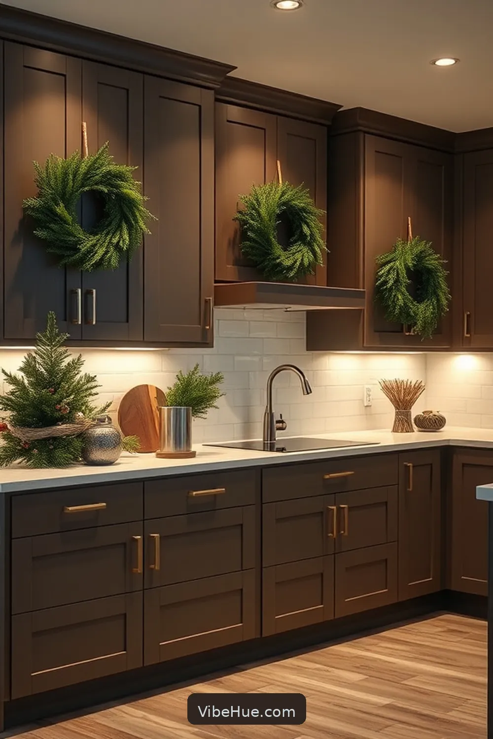 23 Minimalist Holiday Kitchen Decor Ideas 15 14. Simple Wreath on Cabinet Doors for 23 Minimalist Holiday Kitchen Decor Ideas