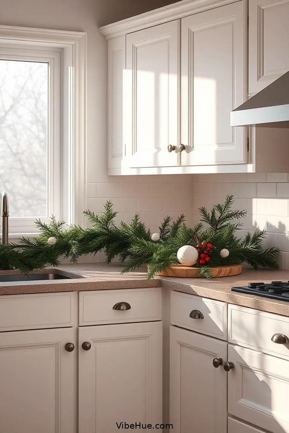 23 Minimalist Holiday Kitchen Decor Ideas 6 5. Simple Garland Over the Cabinets for 23 Minimalist Holiday Kitchen Decor Ideas