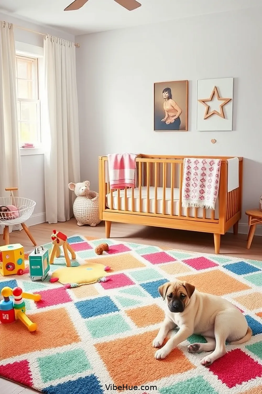 Use a Colorful Area Rug for 23 Ways to Create a Spring Nursery in Mid-Century Modern Style