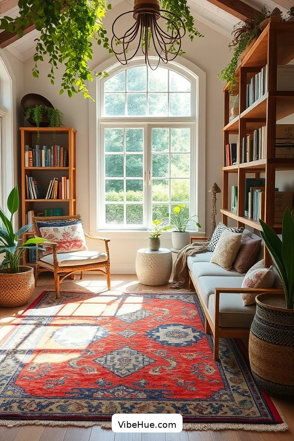 Add a Statement Rug for 23 Ways to Create a Summer Library in Modern Farmhouse Style