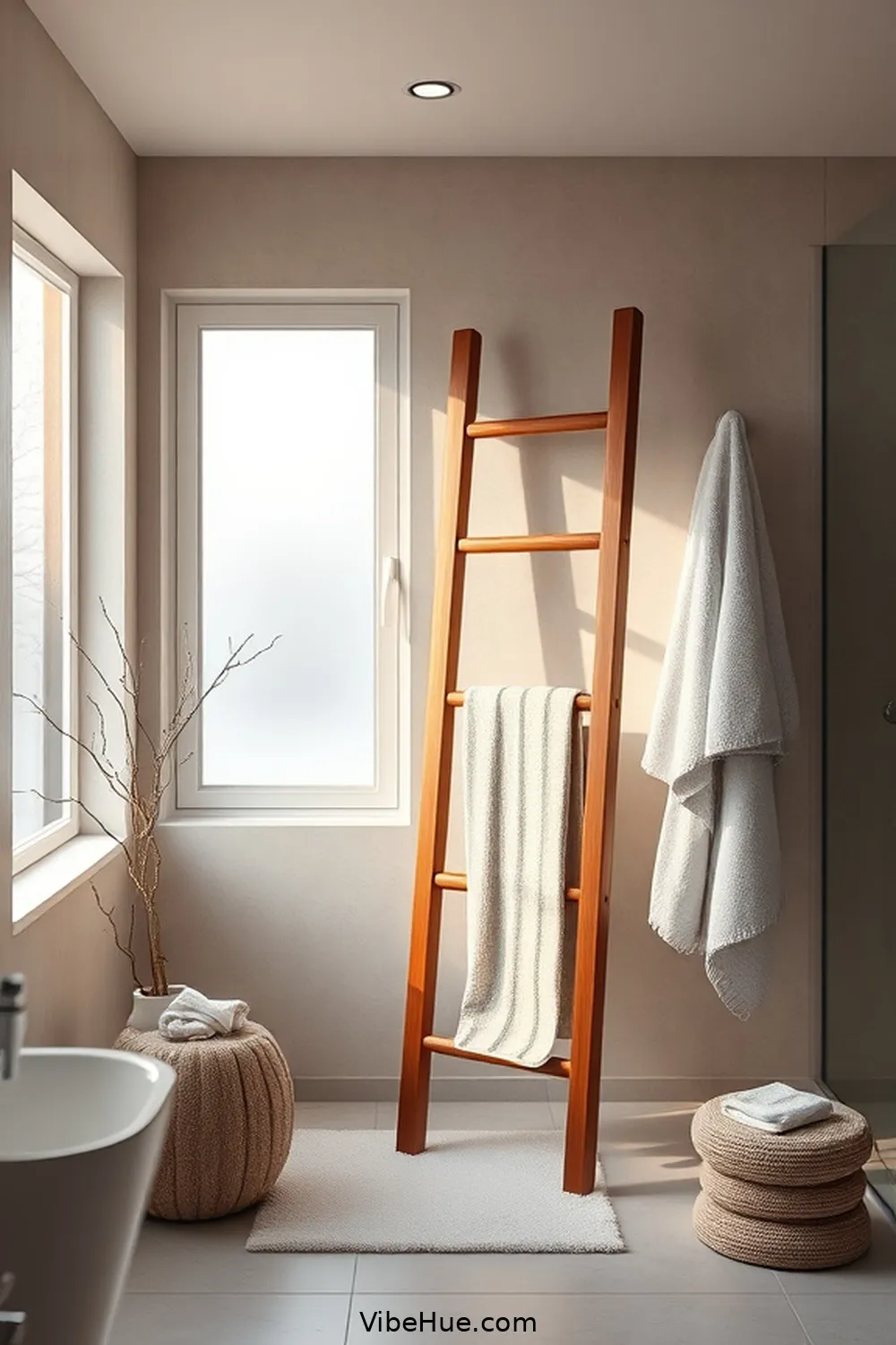 Incorporate a Minimalist Towel Ladder for 24 Minimalist Winter Bathroom Ideas for Cozy Style
