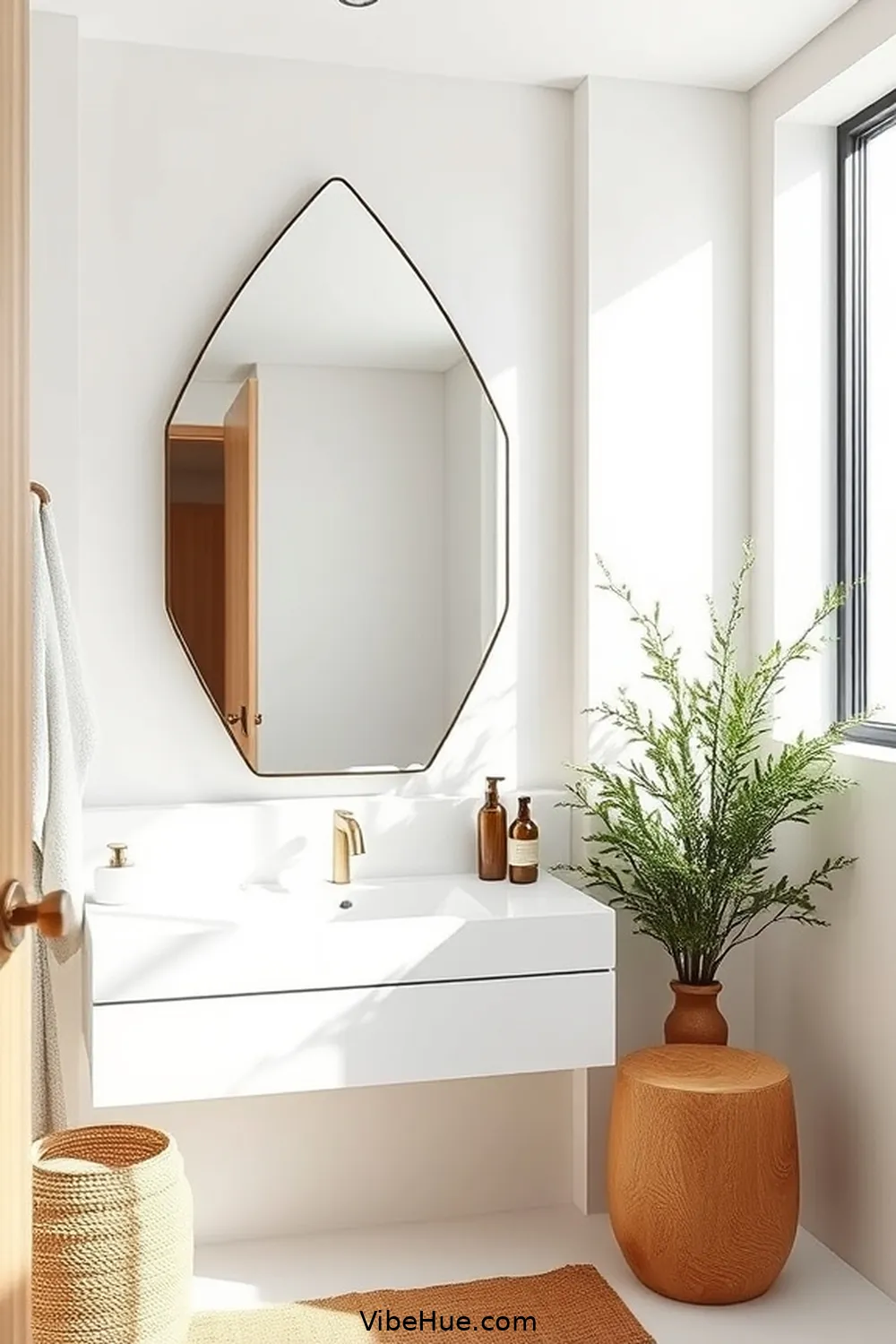 Select a Statement Mirror for 24 Minimalist Winter Bathroom Ideas for Cozy Style