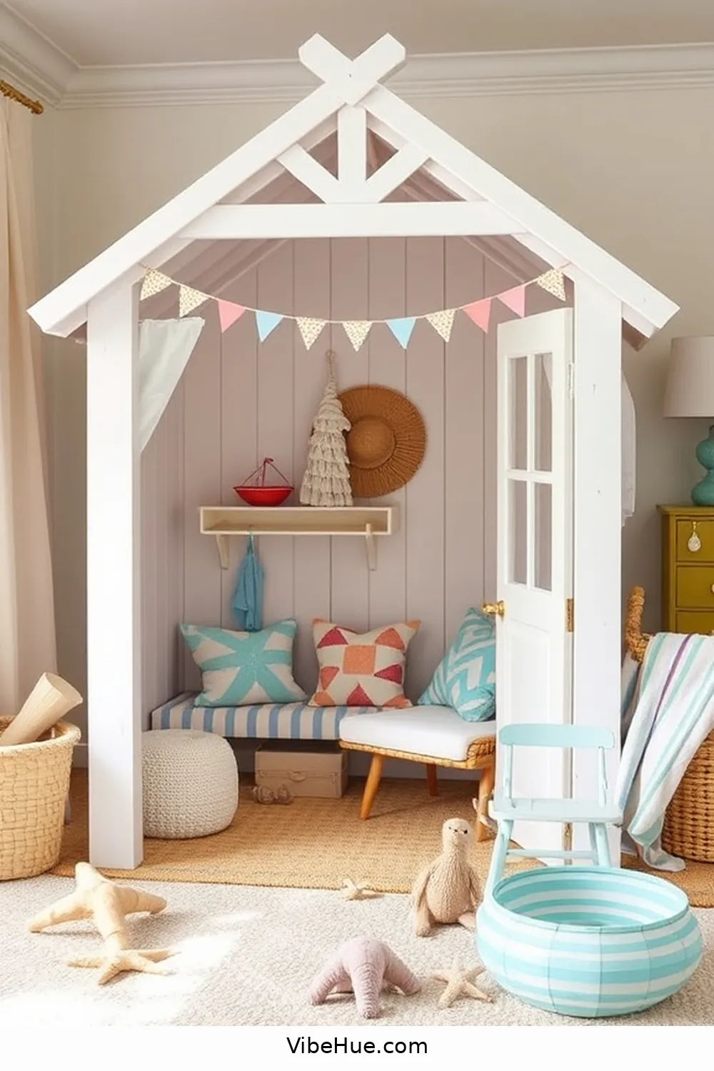 Include a Beach Hut Play Area for 24 Must-Have Decor Tips for Summer Nursery Coastal Style