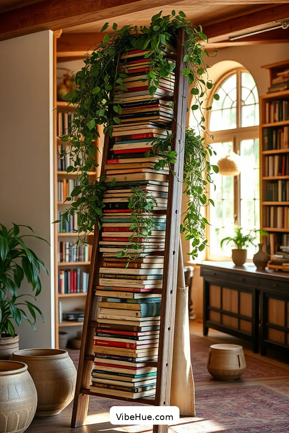Add a Vintage Ladder for Books for 24 Ways to Create a Bohemian Style Summer Library