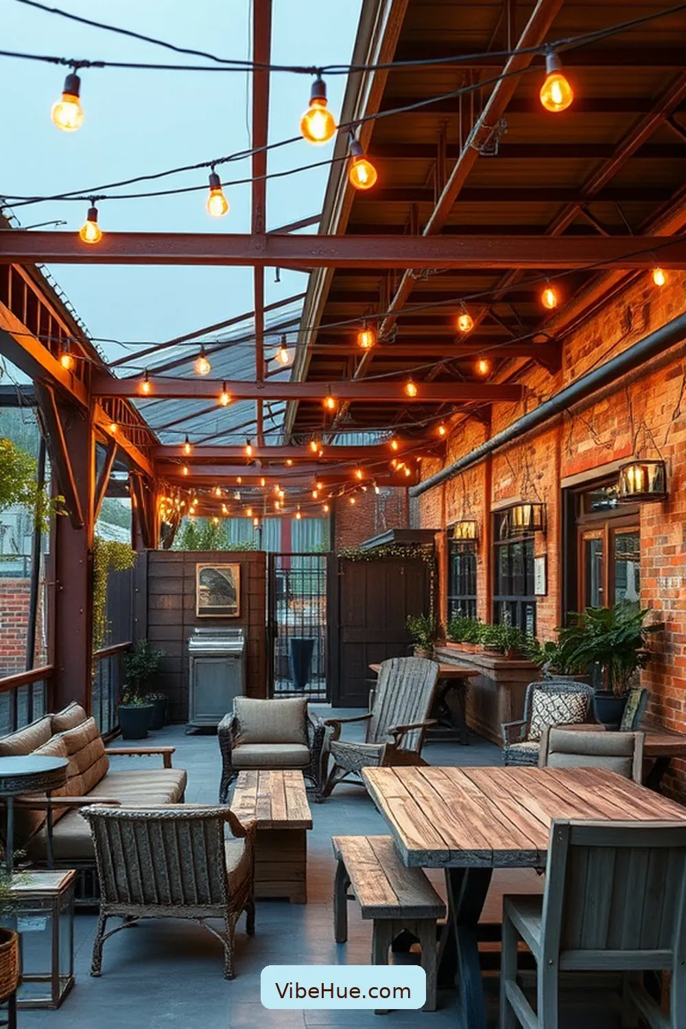 Add String Lights for 24 Ways to Create an Industrial Style Holiday Outdoor Patio