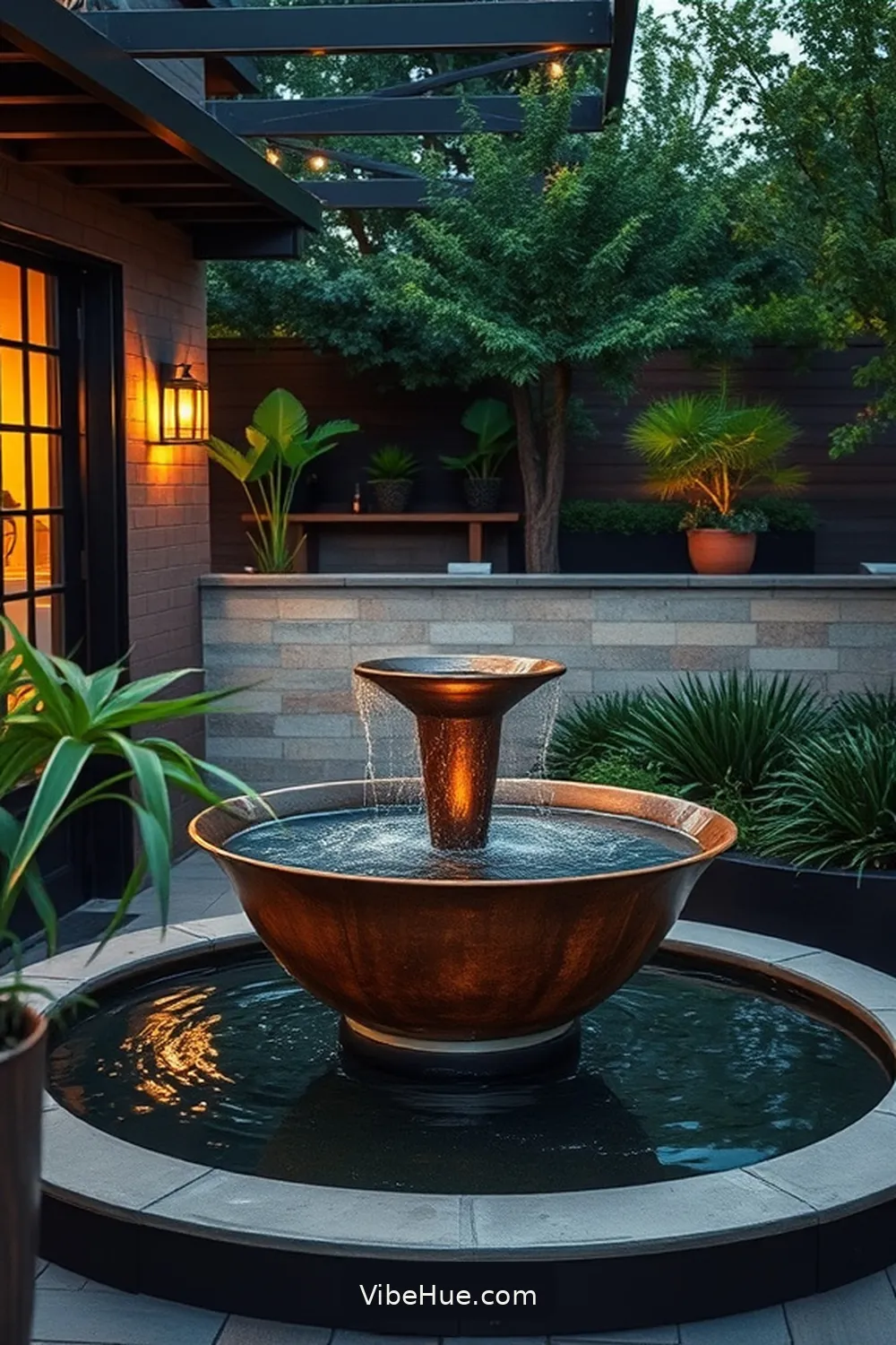 Introduce a Water Feature for 24 Ways to Create an Industrial Style Holiday Outdoor Patio