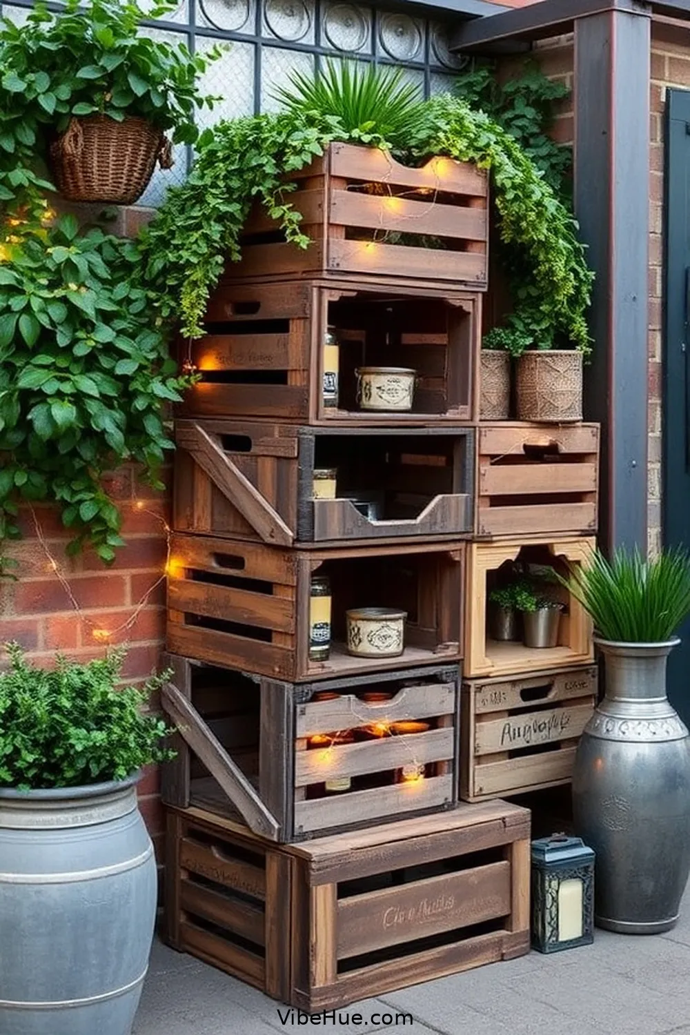 Use Vintage Crates for Storage for 24 Ways to Create an Industrial Style Holiday Outdoor Patio