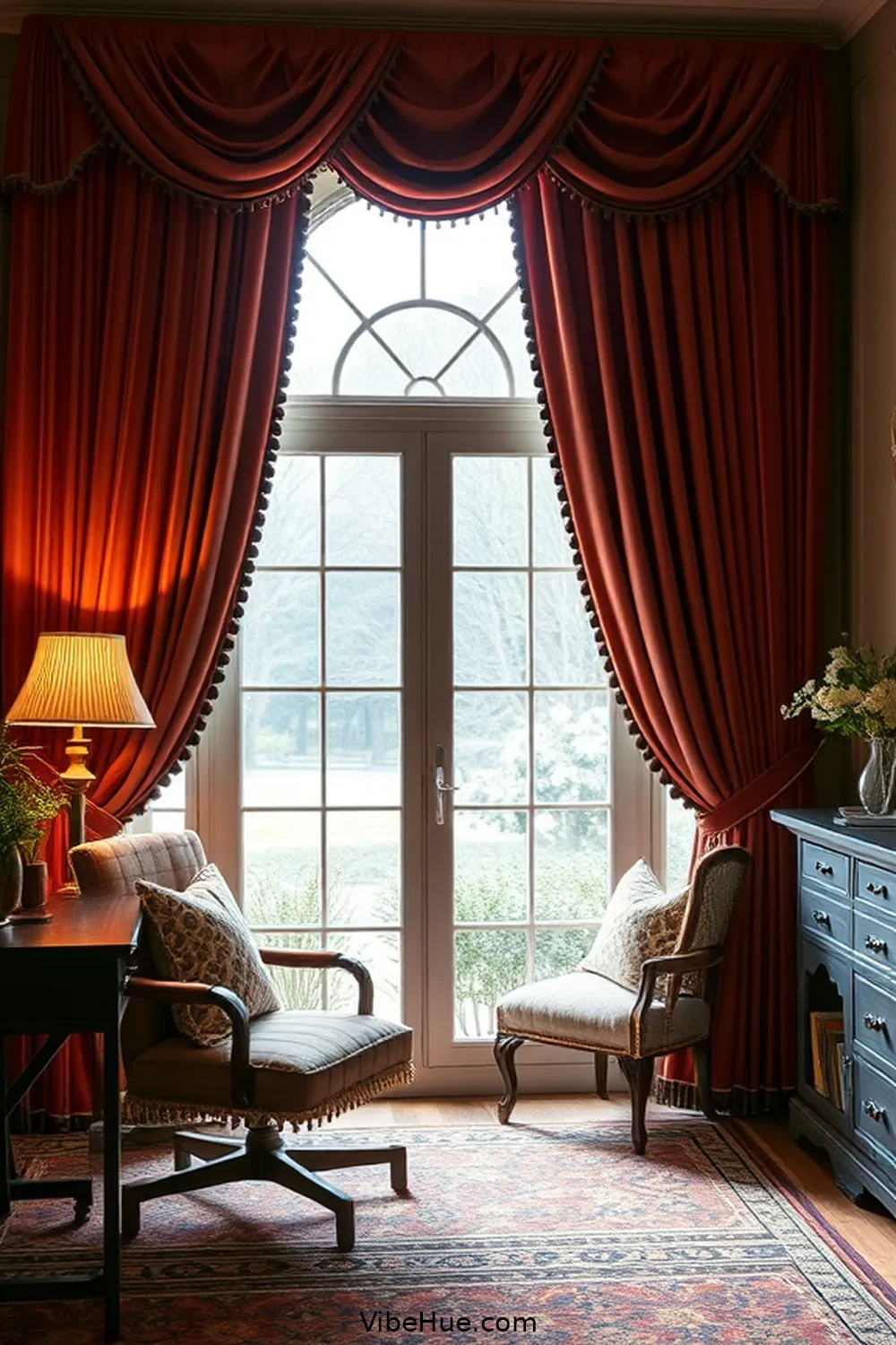 Utilize Window Treatments for Warmth for 25 Cozy Ideas for a Winter Home Office in Traditional Style