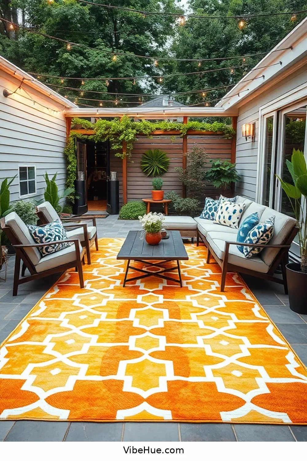 Add a Statement Outdoor Rug for 25 Ways to Create a Holiday Outdoor Patio in Mid Century Modern Style