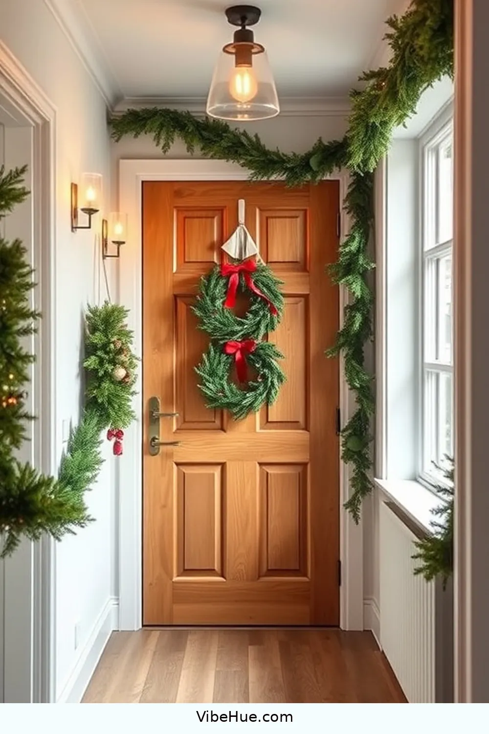 Cozy Holiday Hallway Design in Scandinavian Style 12 Hang Festive Wreaths and Garlands for Cozy Holiday Hallway Design in Scandinavian Style