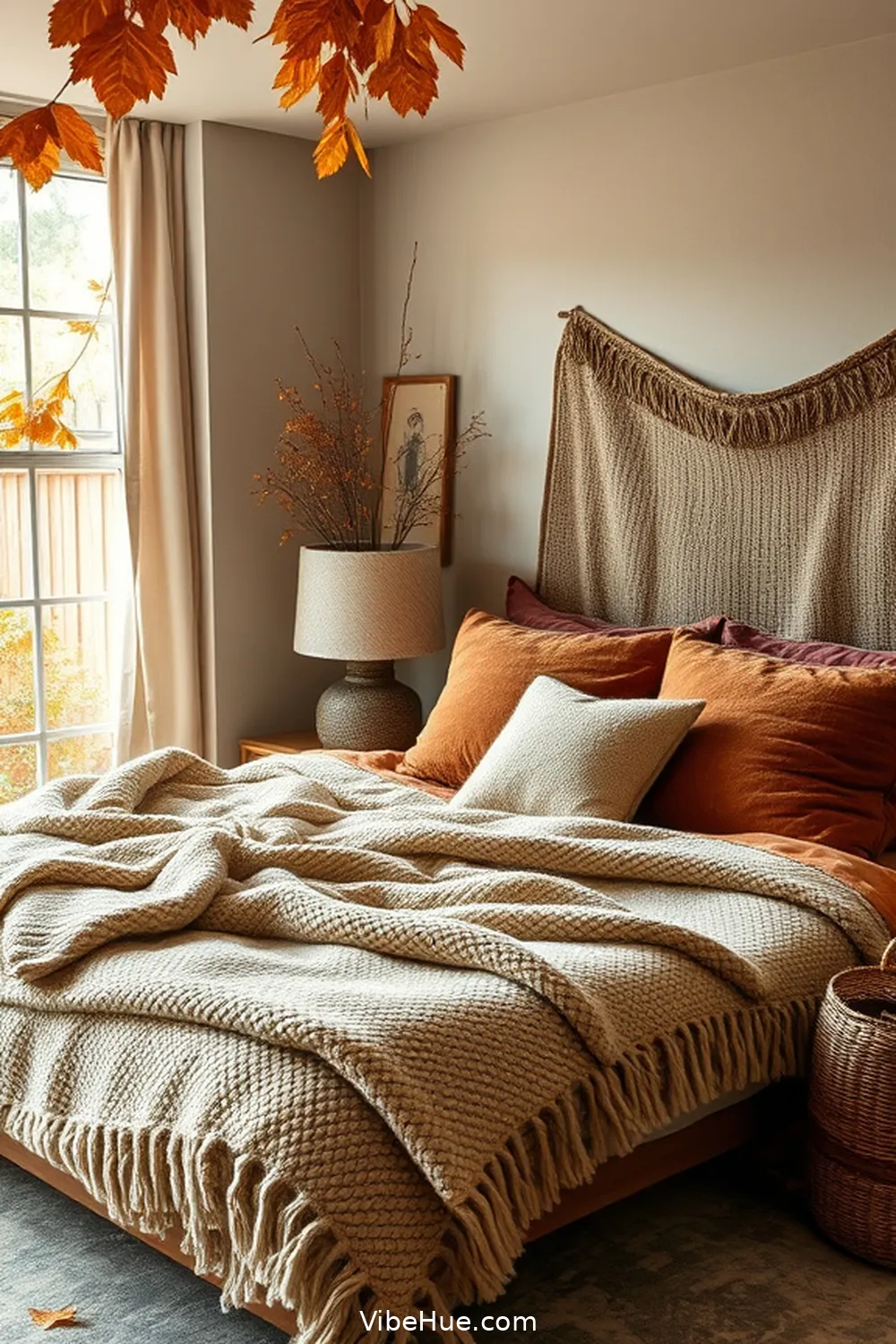 Add Cozy Throw Blankets and Pillows for Create a Cozy Bohemian Fall Bedroom Style