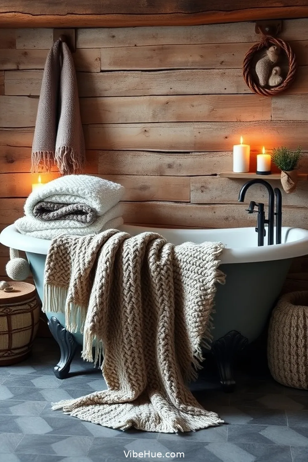 Layer Textiles for Warmth for Create a Cozy Winter Bathroom With Rustic Style