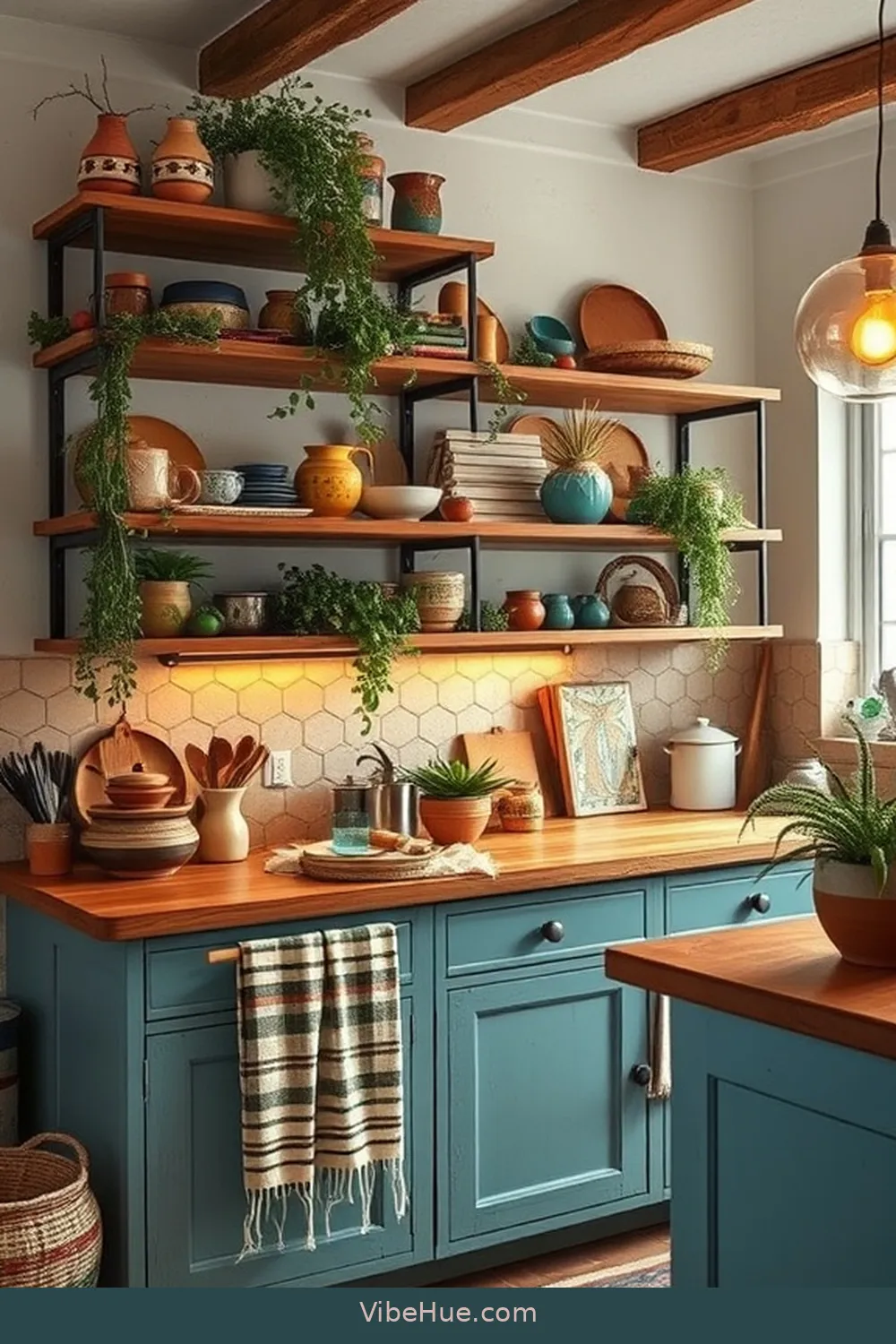 Highlight Open Shelving for Create a Cozy Winter Kitchen in Bohemian Style