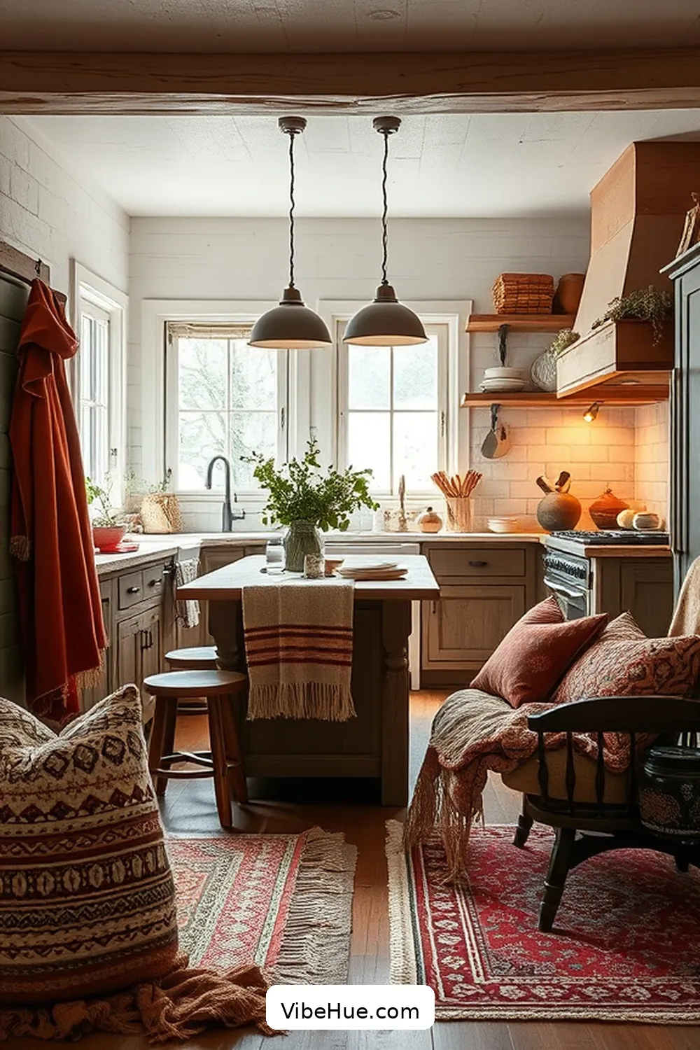 Layer Textiles for Warmth for Create a Cozy Winter Kitchen in Bohemian Style