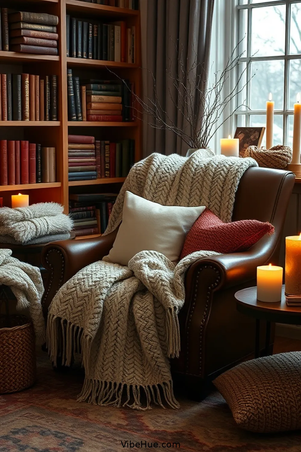 Adding Cozy Textiles and Accessories for Create a Cozy Winter Library With Industrial Style