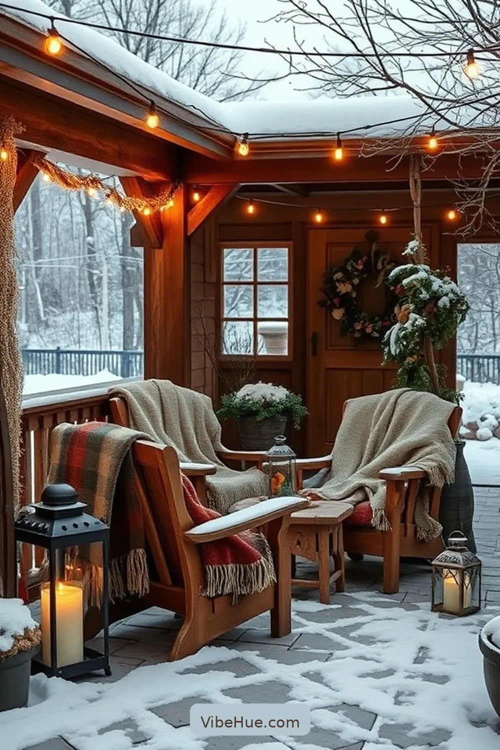 Illuminate With Twinkling Lights for Create a Cozy Winter Outdoor Patio in Rustic Style
