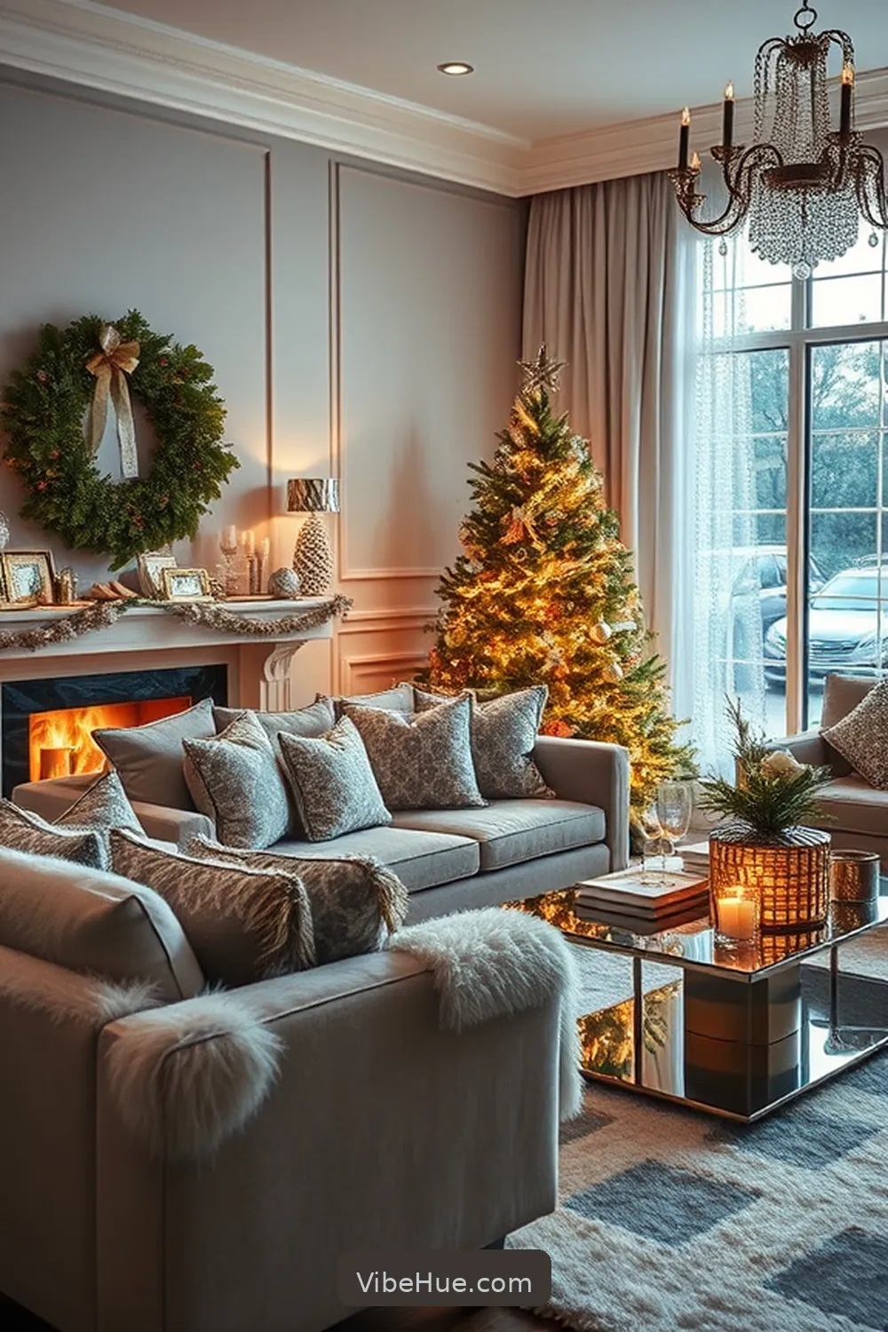 Add Shimmering Accessories for Create a Holiday Living Room in Modern Glam Style