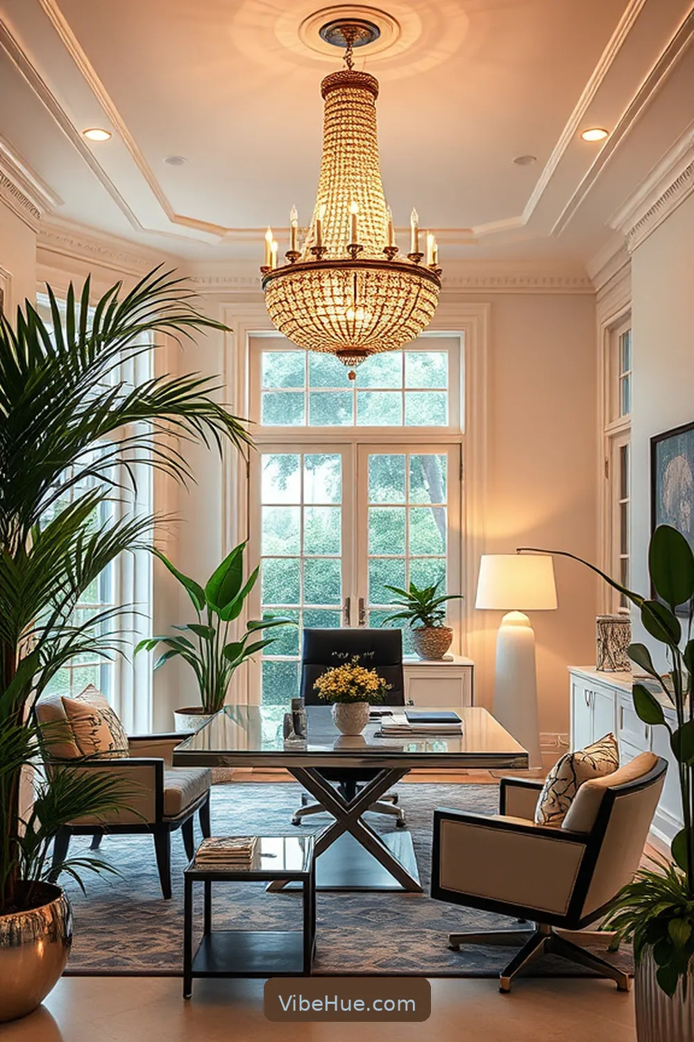 Incorporate Elegant Lighting for Create a Summer Home Office in Modern Glam Style