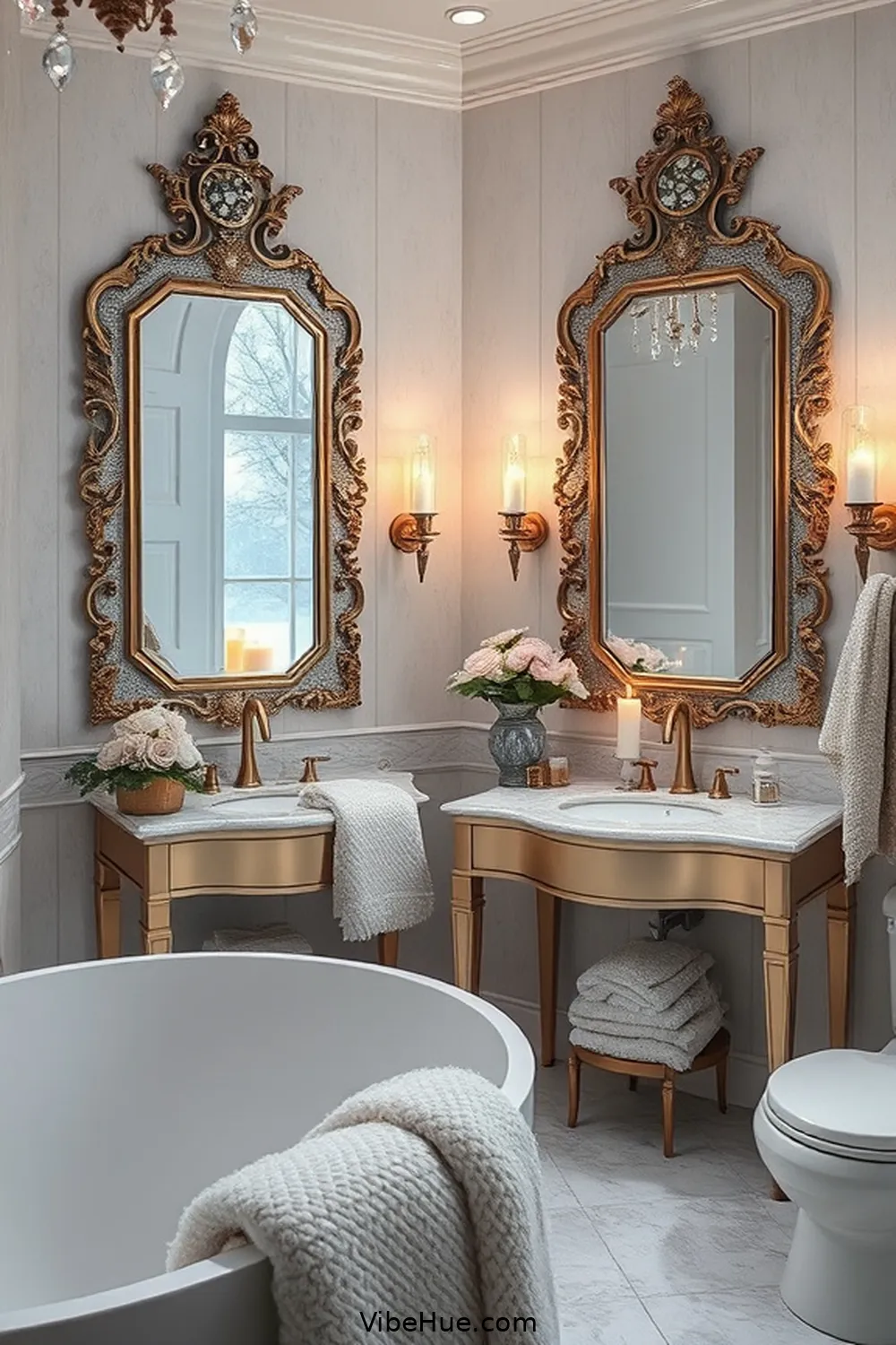 Use Decorative Mirrors for Depth for Create a Winter Bathroom With Modern Glam Style