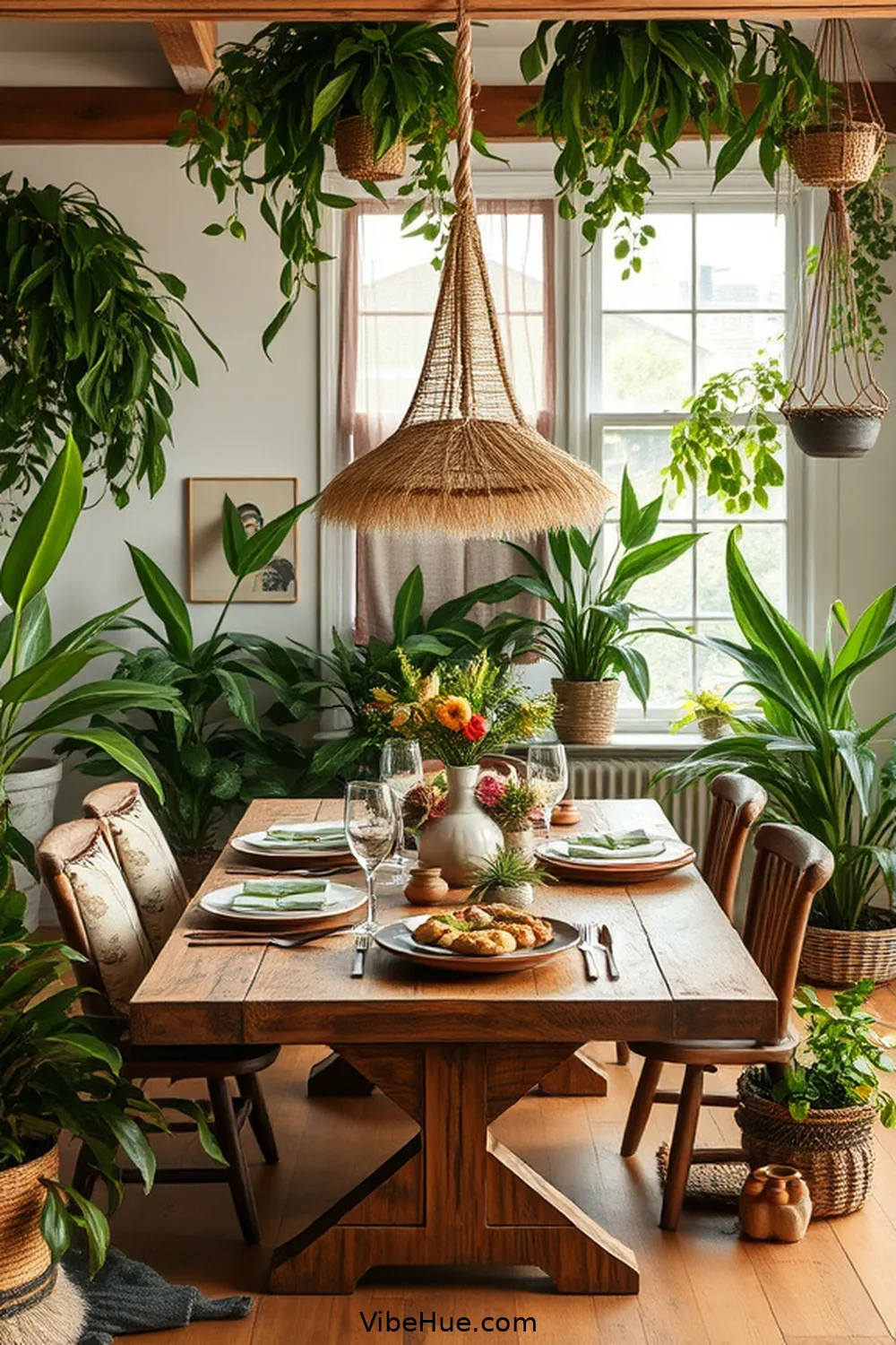 Incorporating Plants for Freshness for Create a Year-Round Bohemian Style Dining Room