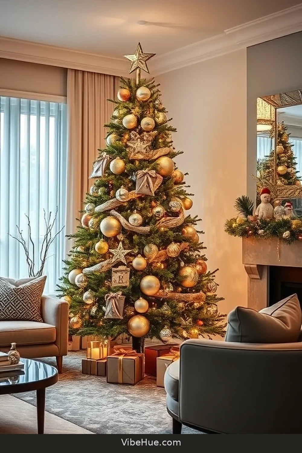 Create a Focal Point With a Modern Tree for Creating a Contemporary Holiday Living Room Style