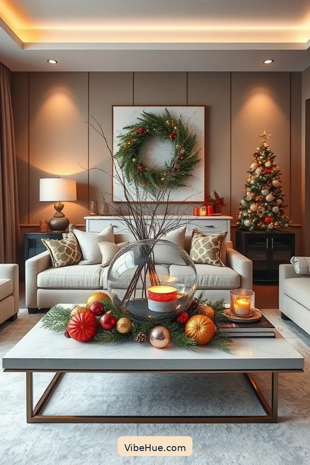 Utilize Artistic Centerpieces for Creating a Contemporary Holiday Living Room Style