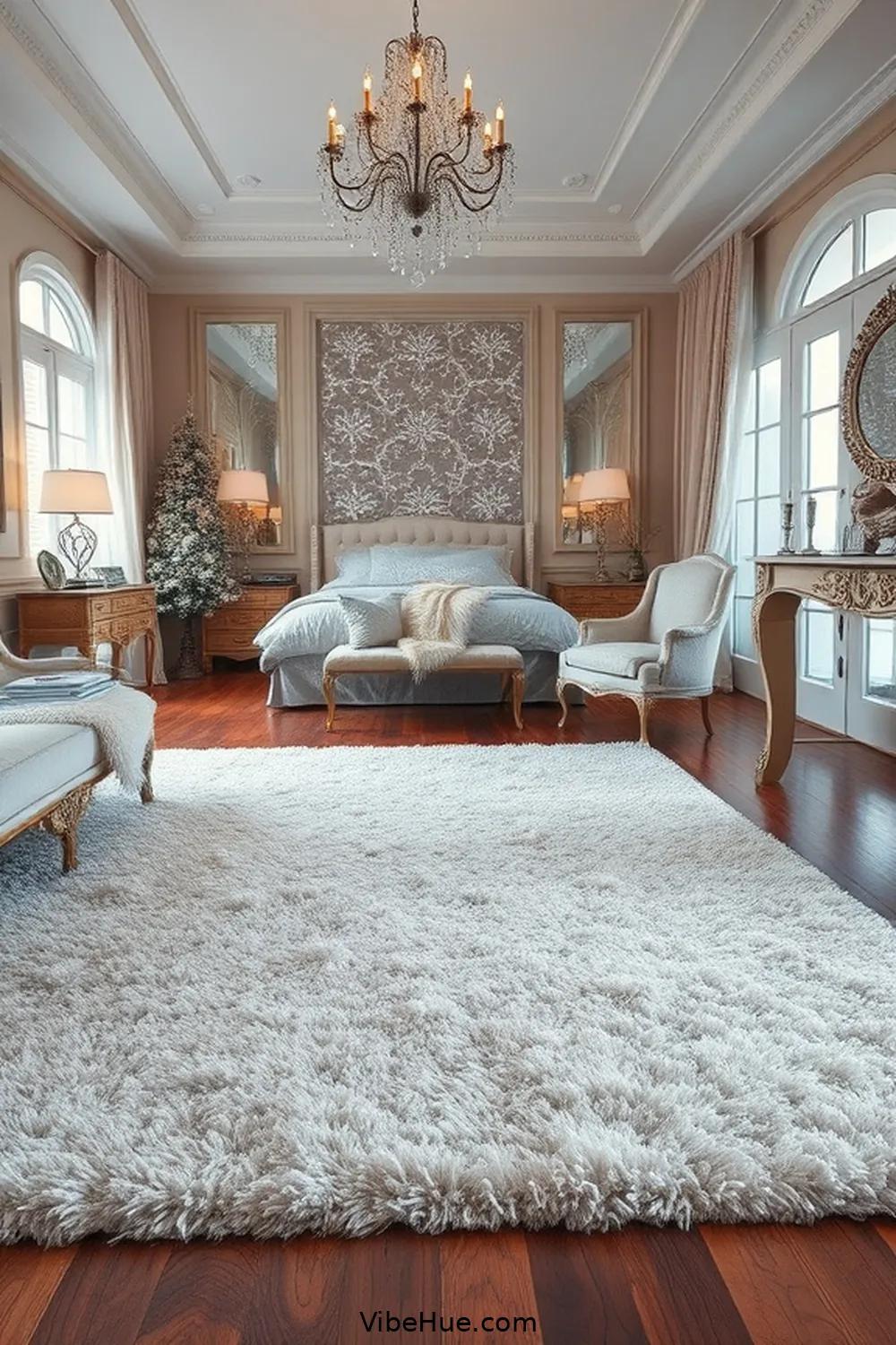 Utilize Stylish Area Rugs for How to Create a Winter Bedroom in Modern Glam Style