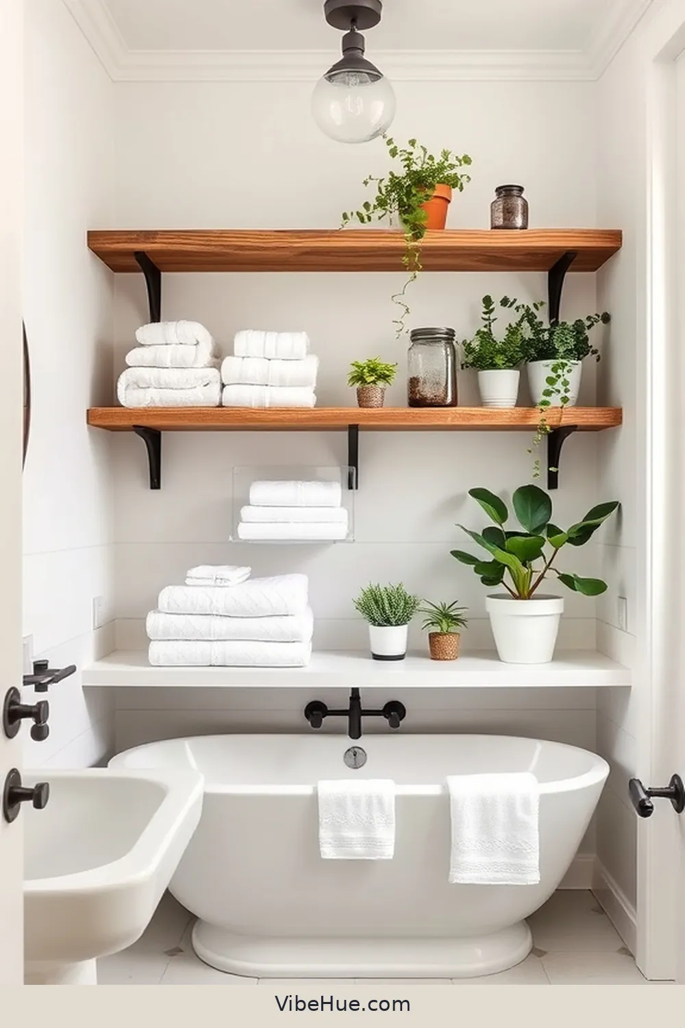 Utilize Open Shelving for How to Create a Year-Round Bathroom in Modern Farmhouse Style